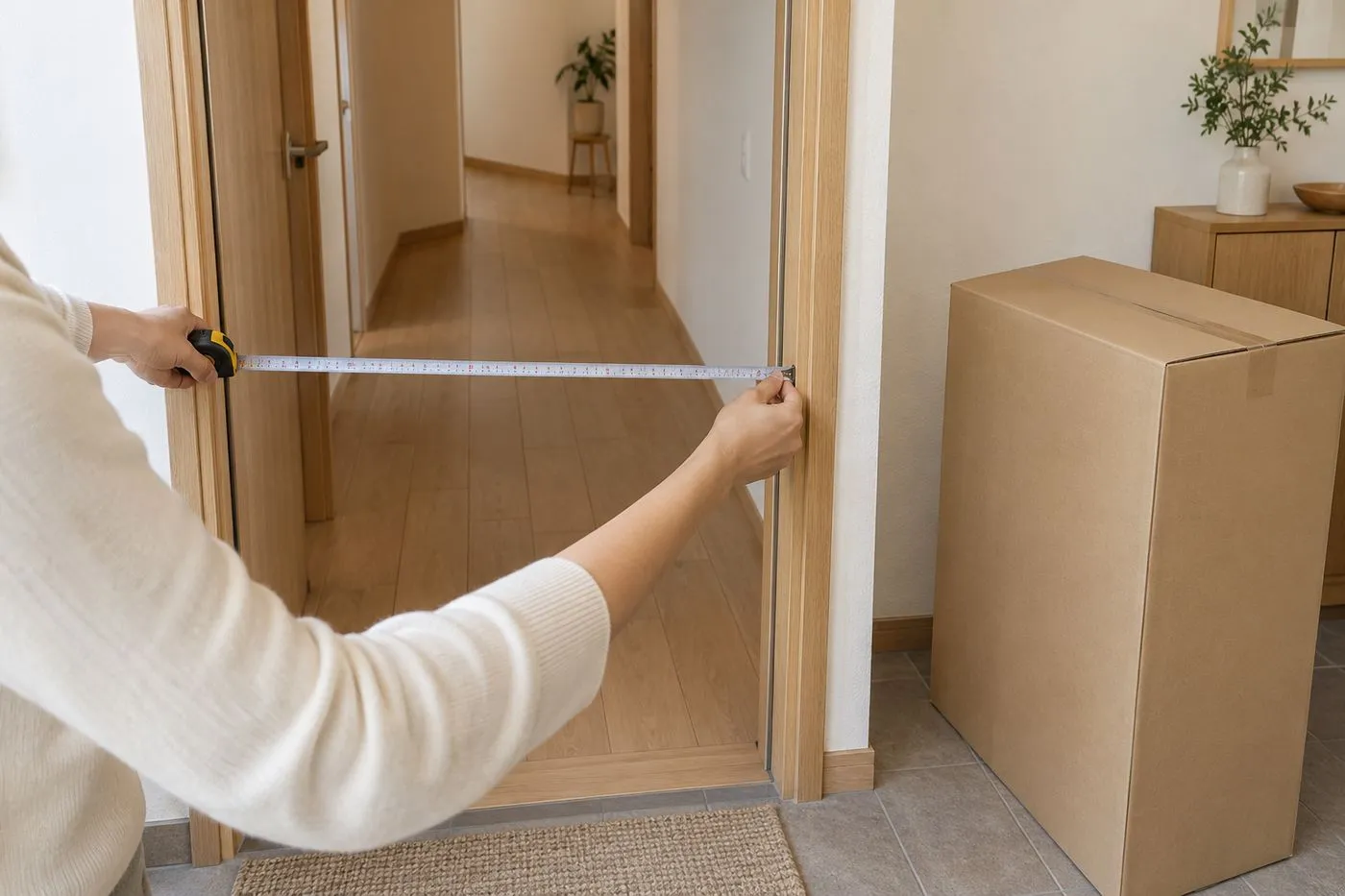 家具の梱包を搬入する前に、玄関の通れる幅と奥に続く廊下を確認するイメージ